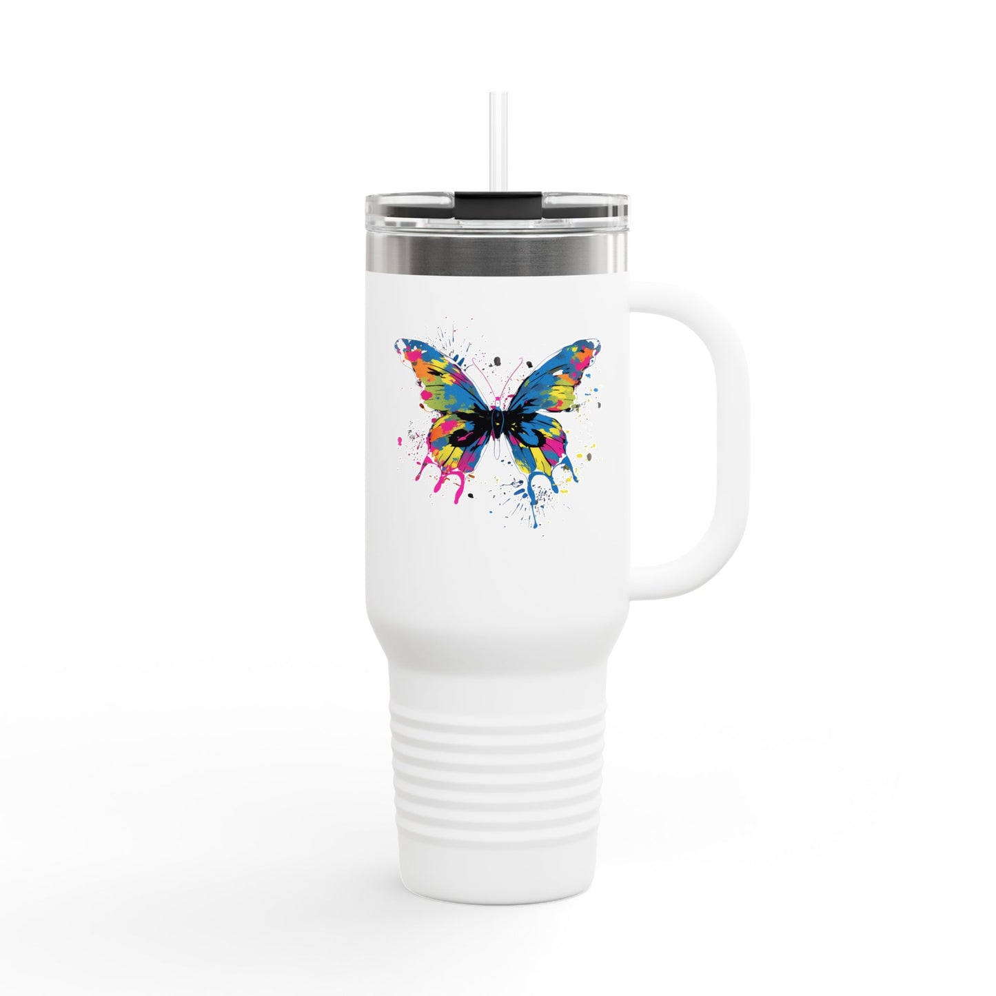 40 Oz Insulated Travel Mug with Butterfly Design - Stainless Steel, Spill-Proof Lid