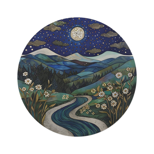 60" Celestial Round Rug - Night Mountain Moon Art - Soft Chenille Boho Area Rug for Bedroom