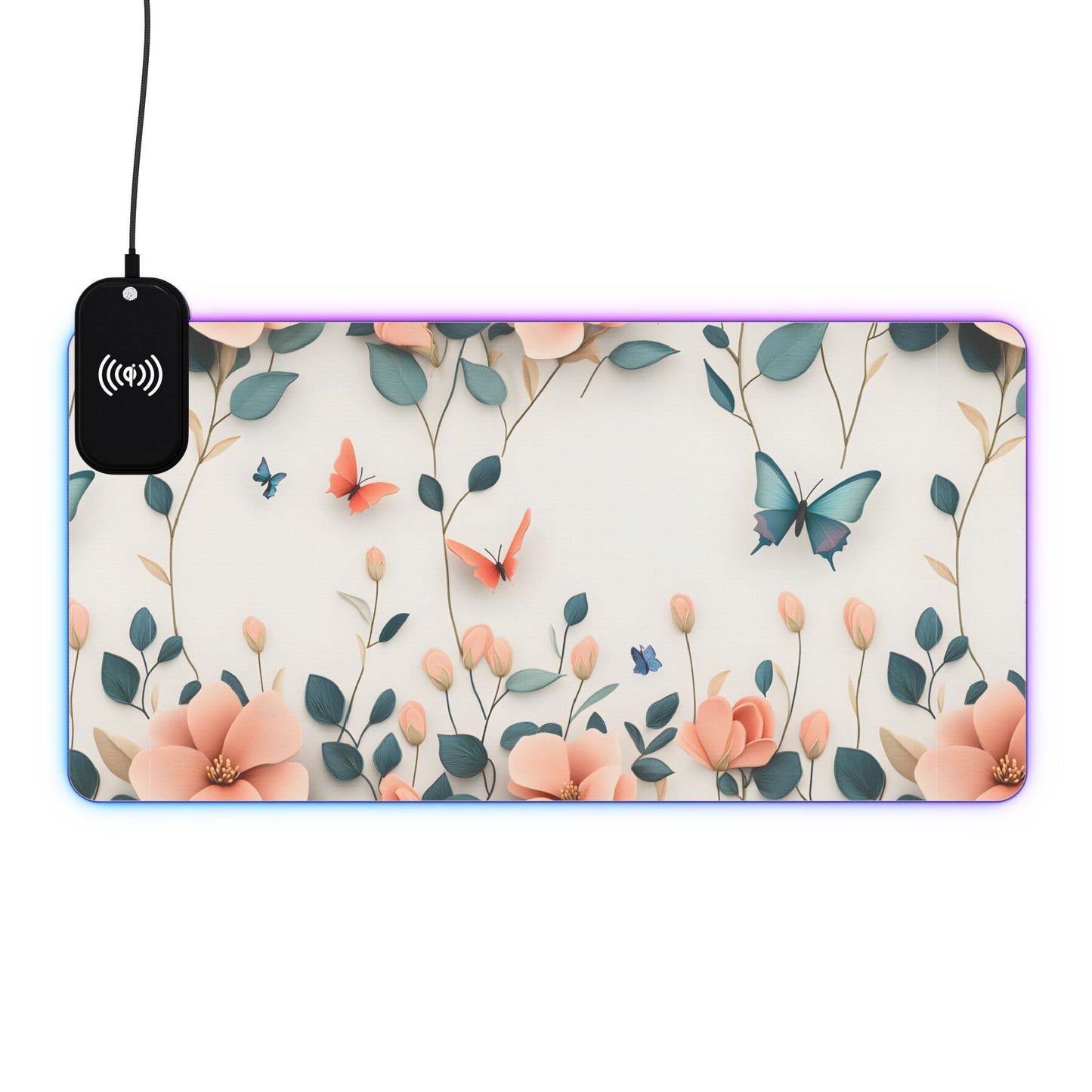 Floral RGB LED Gaming Mouse Pad 39x20 – Large Wireless Charging Desk Mat Non-Slip