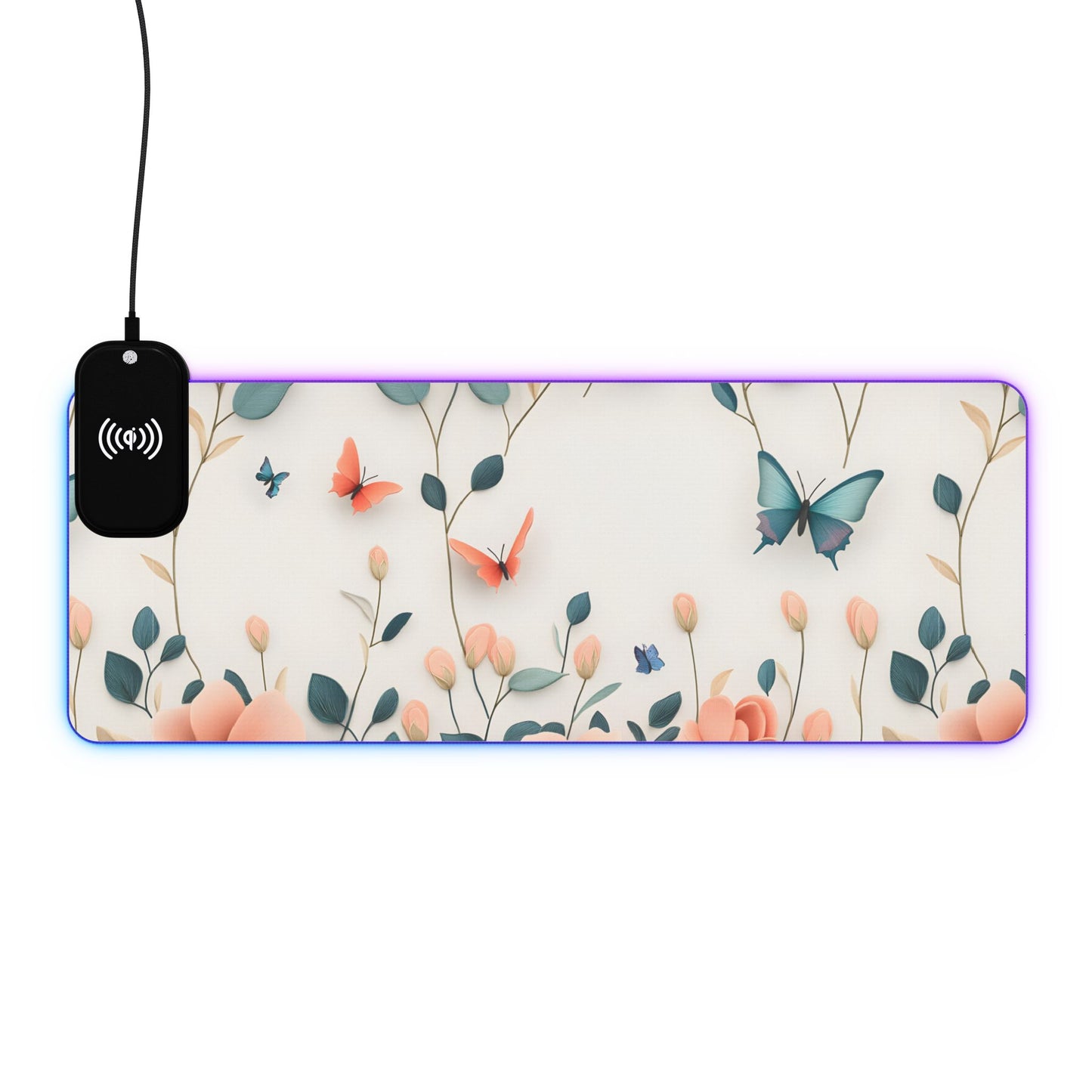 Floral RGB LED Gaming Mouse Pad 39x20 – Large Wireless Charging Desk Mat Non-Slip