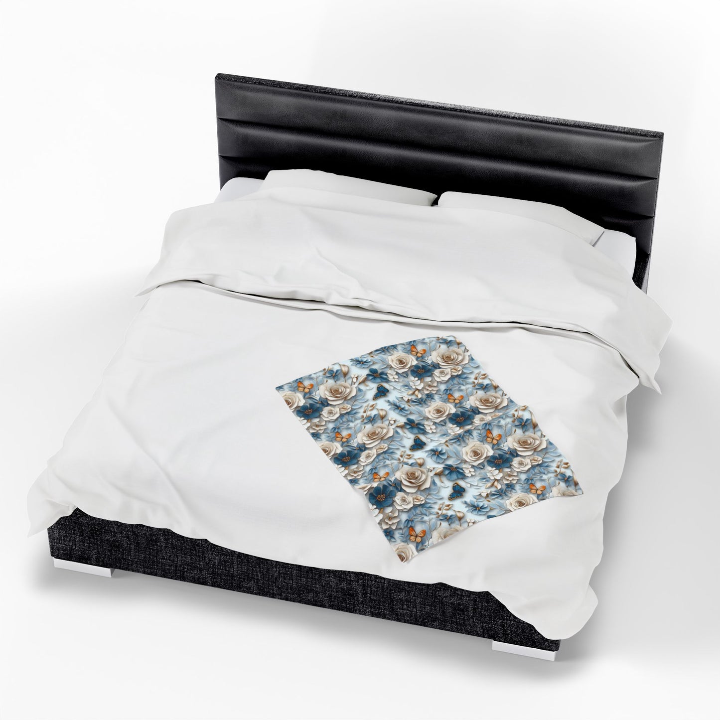 Velveteen plush throw blanket with floral & butterfly design, soft light blue cozy decor