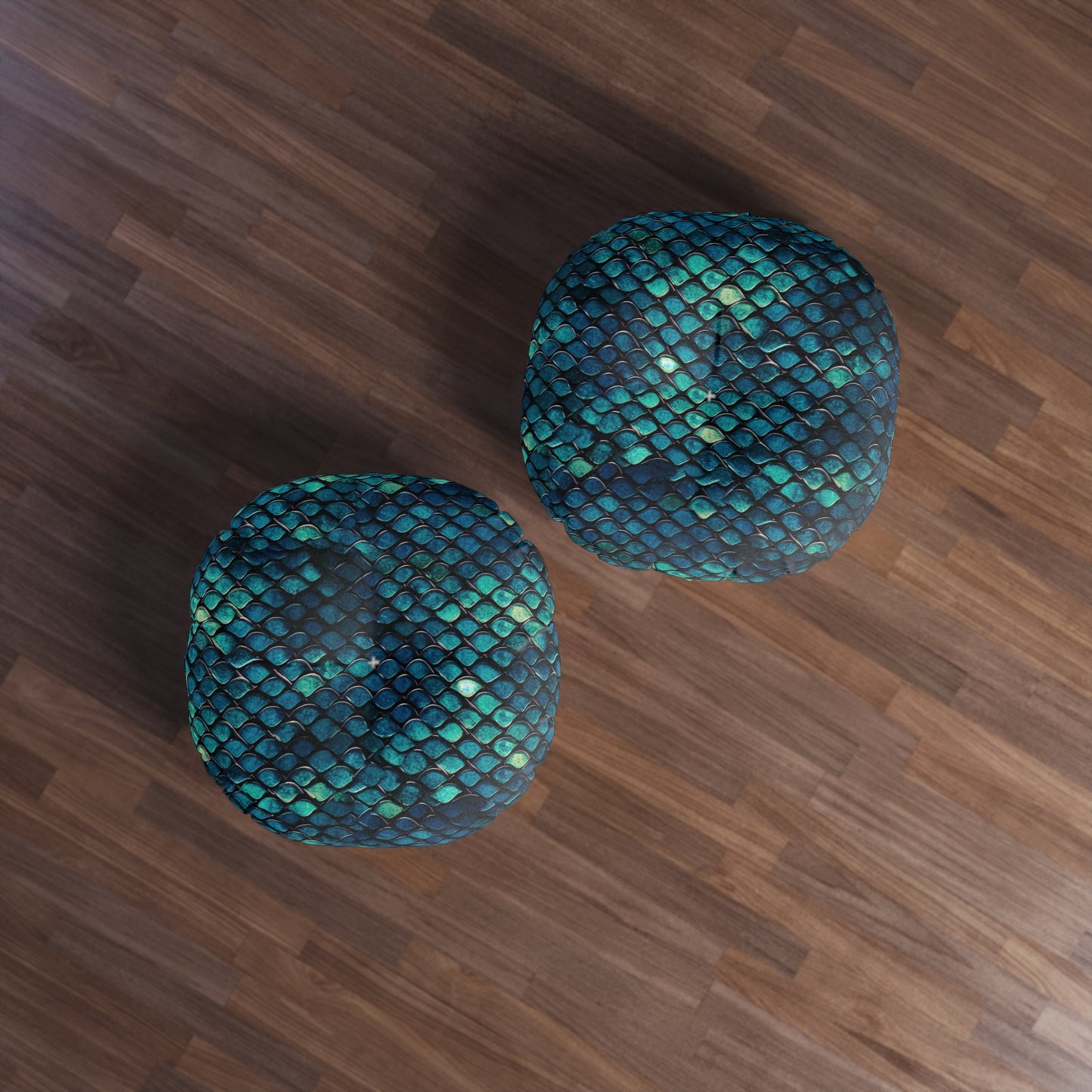 Round Tufted Floor Pillow - Boho Mermaid Scale Cushion, Teal Navy Turquoise, Plush Seating