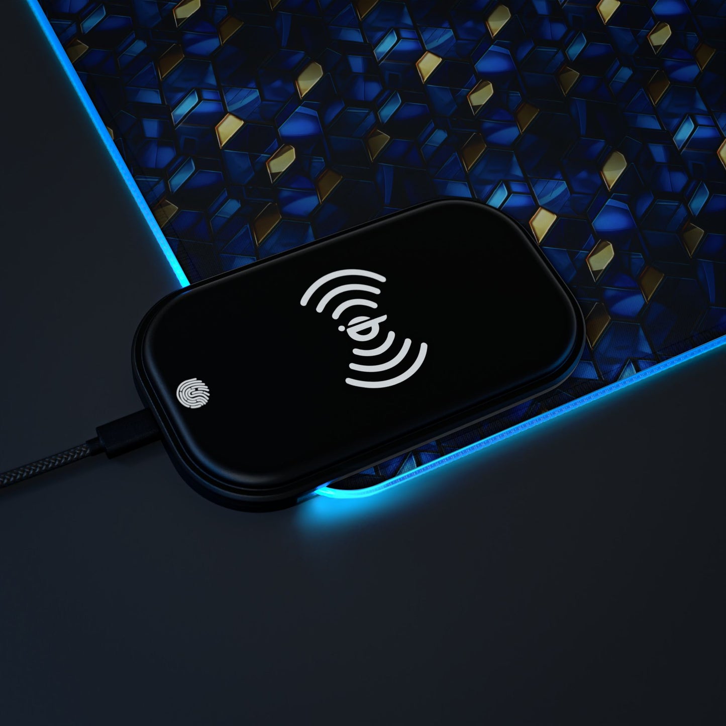 rgb gaming mouse pad with 15w qi charging – blue & gold geometric desk mat