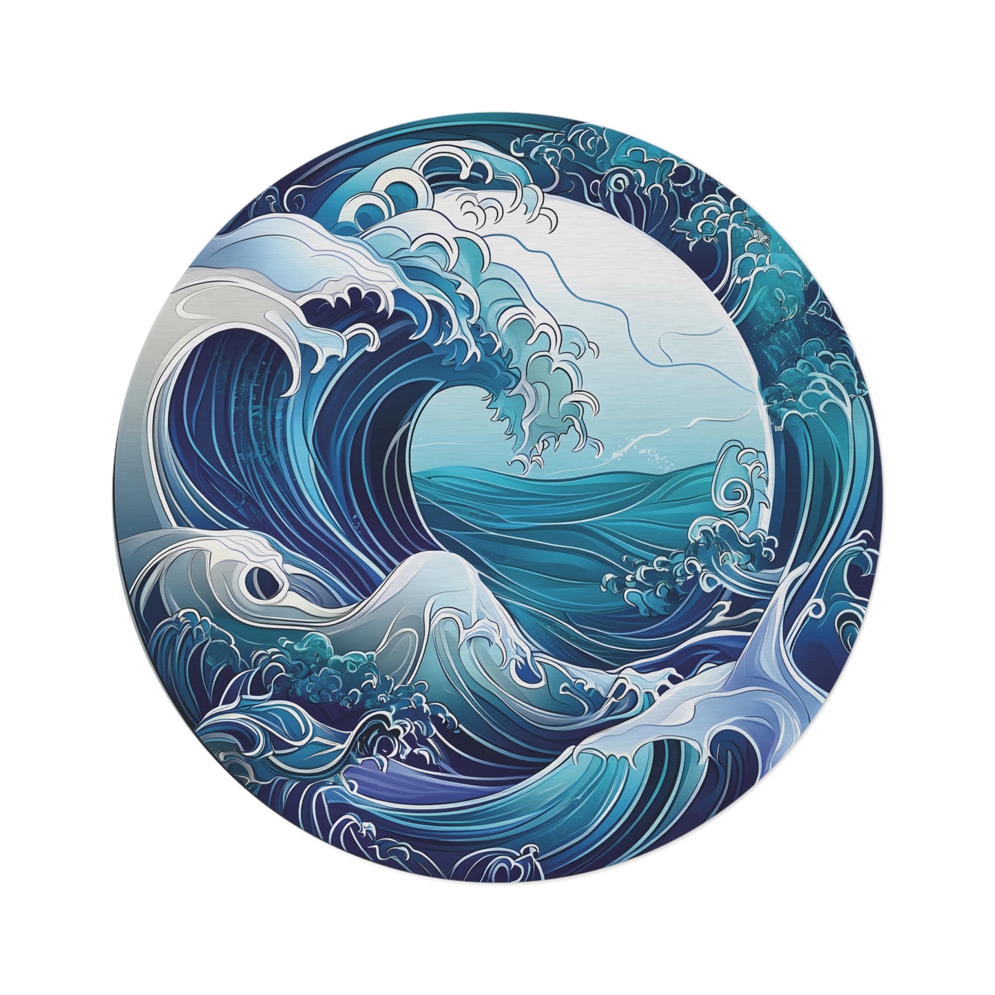 60" Round Ocean Wave Rug | Large Blue Chenille Coastal Area Rug | Modern Artistic Living Room Decor