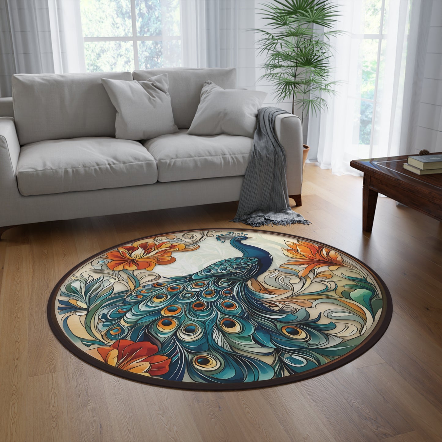 60" Round Peacock Rug, Floral Chenille Area Rug, Teal & Gold Boho Home Decor