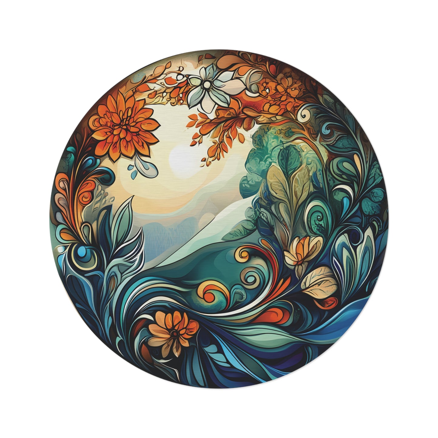 60" Round Botanical Rug | Soft Chenille Nature Landscape Art | Earthy Jewel Tone Decor