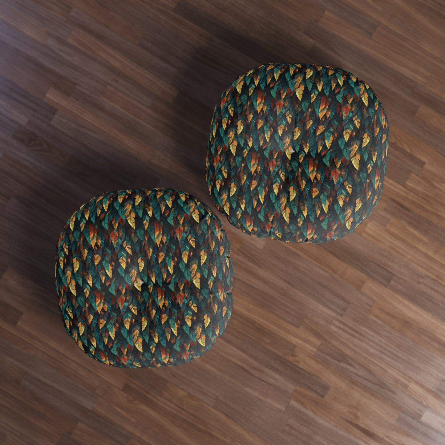 Round Tufted Boho Floor Pillow - Reversible Feather Mosaic Cushion, Cozy Seating Pouf, Two Sizes