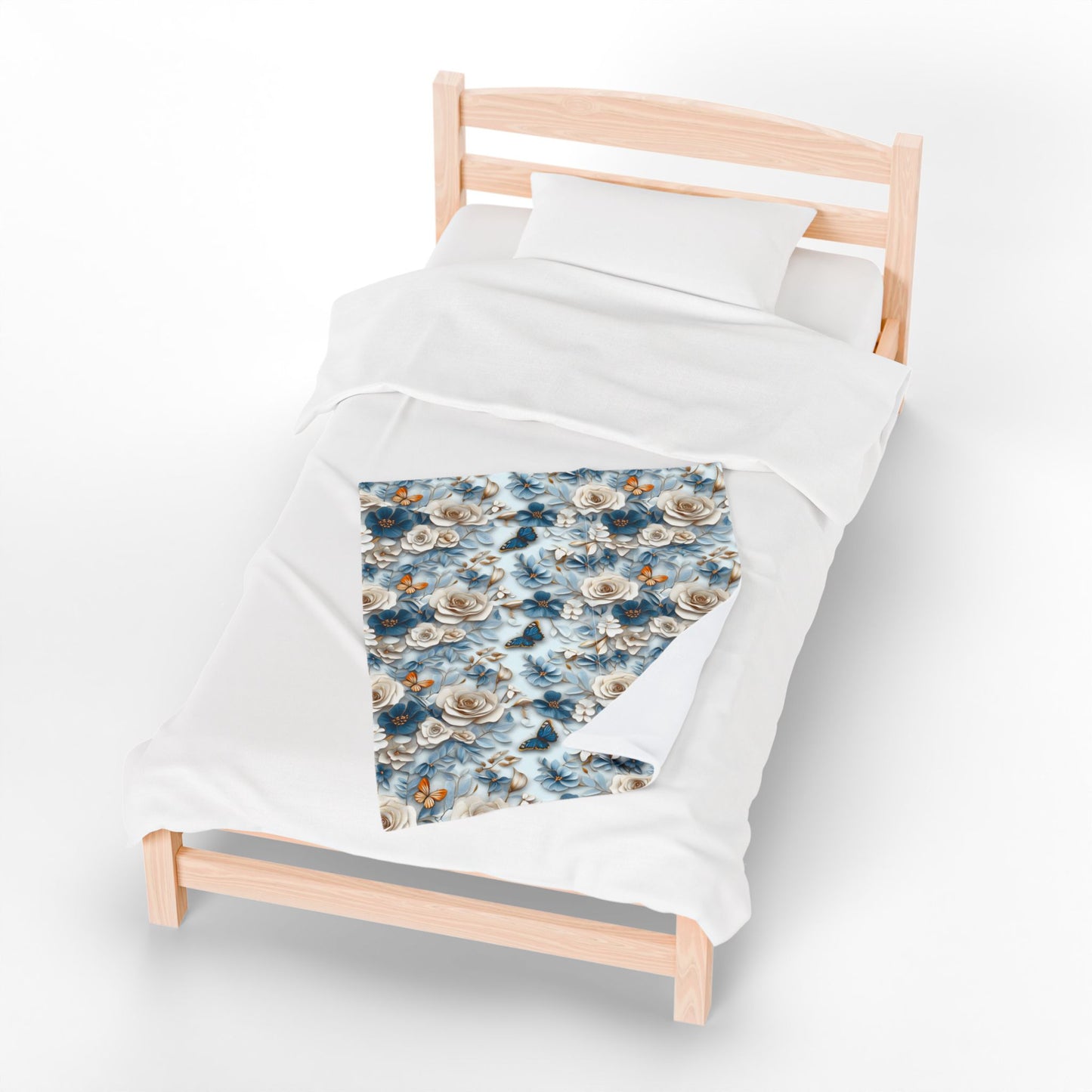 Velveteen plush throw blanket with floral & butterfly design, soft light blue cozy decor