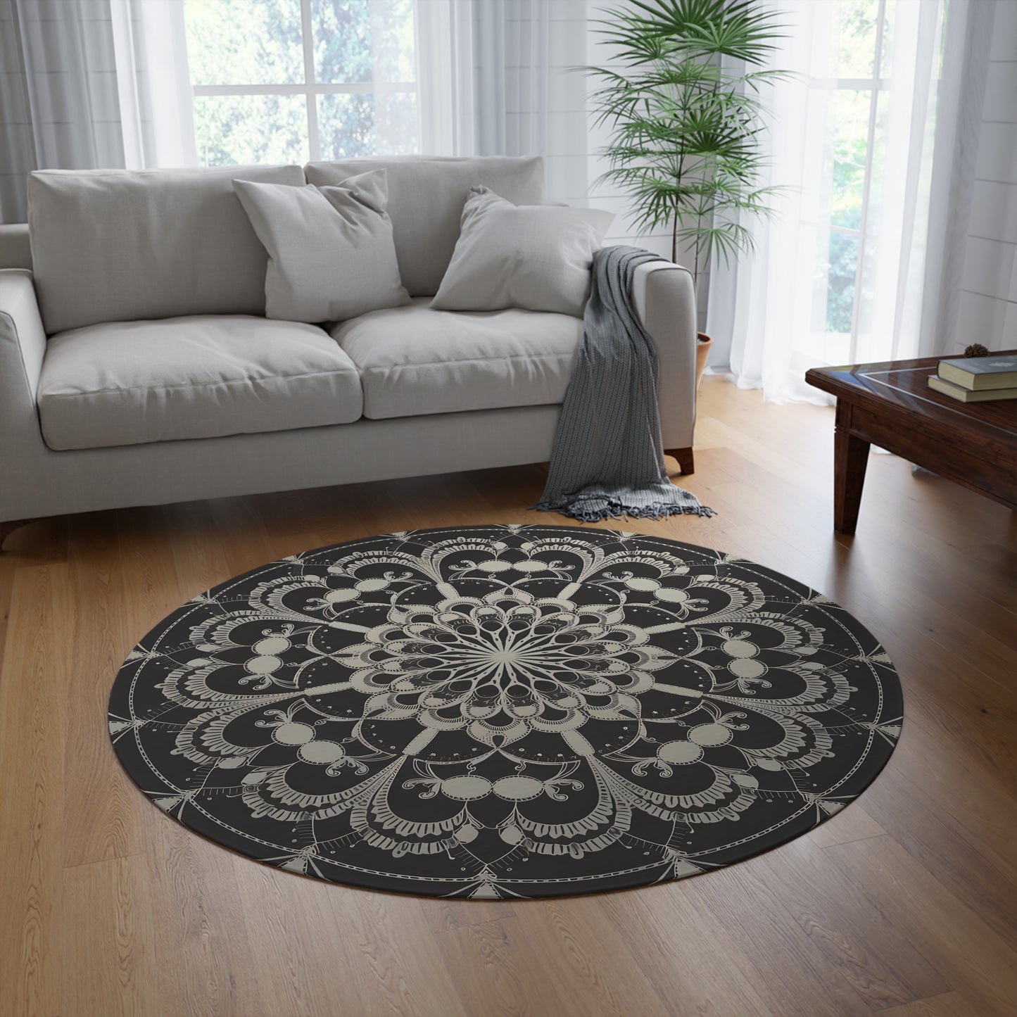 60-Inch Round Mandala Rug, Black & Gray Modern Boho Chenille Area Rug with Non-Slip Backing