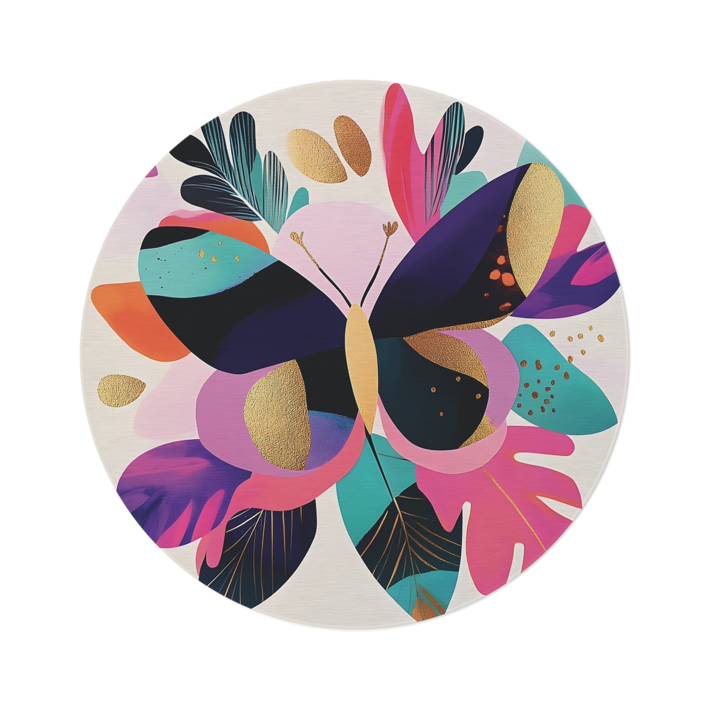 60-Inch Round Butterfly Rug – Modern Abstract Chenille Area Rug, Non-Slip Backing, Low-Profile