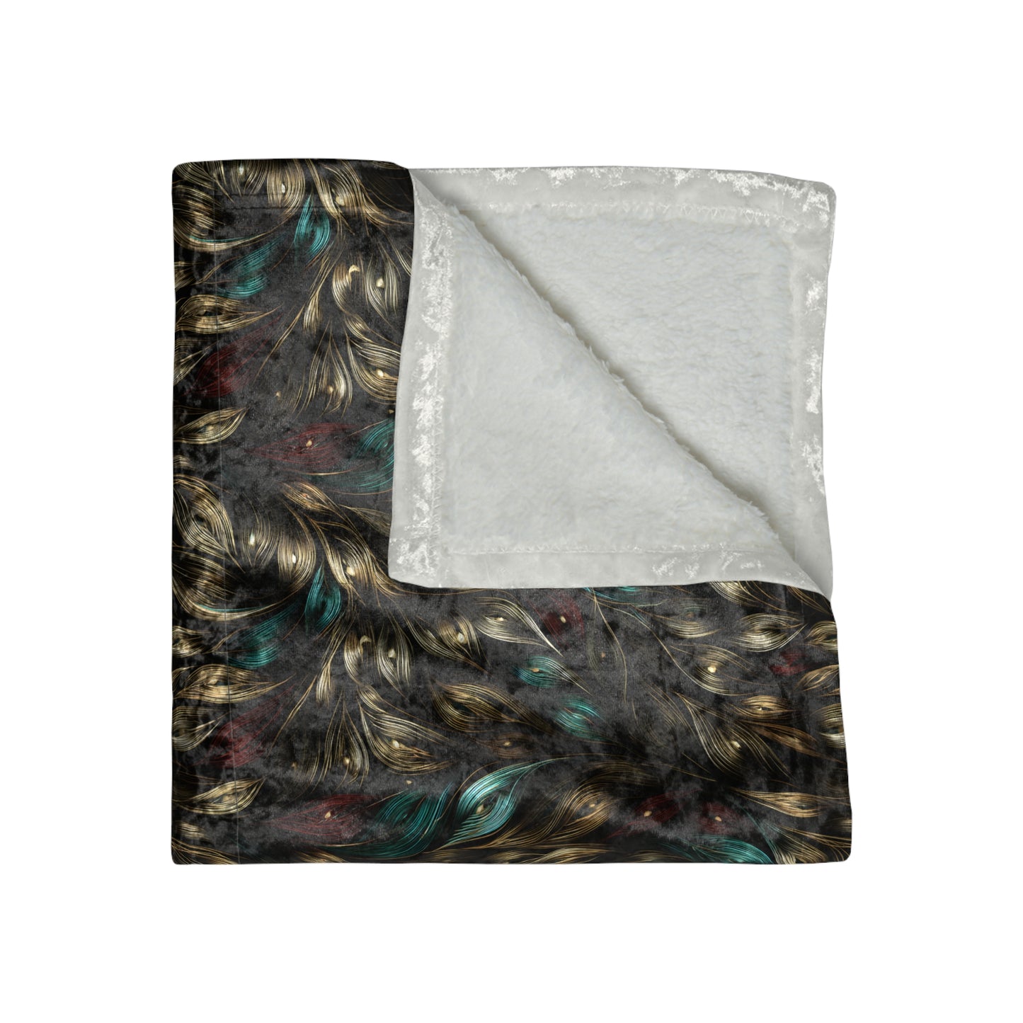 Crushed Velvet Throw Blanket, Black Gold Teal Feather | Reversible Plush Sofa & Bed 50x60