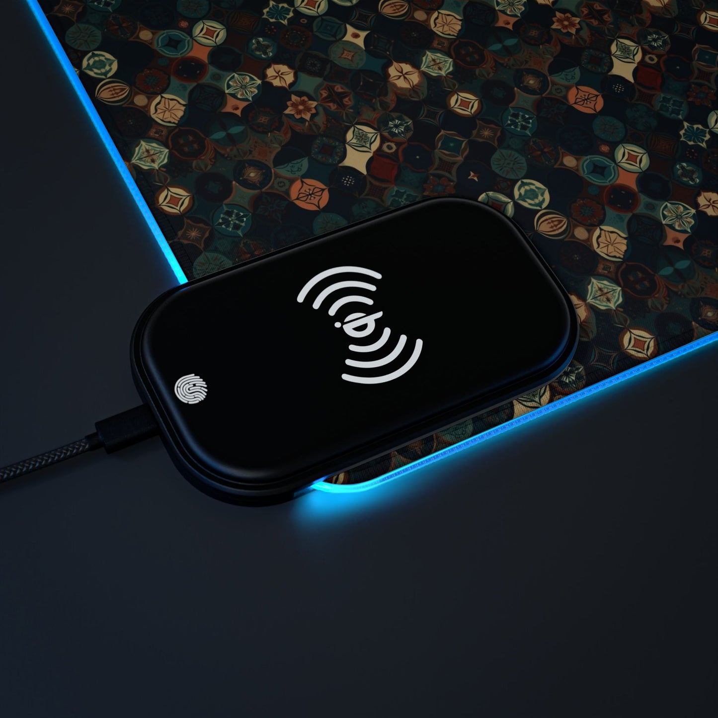 rgb gaming mouse pad with 15w qi charging – smooth xl desk mat, geometric teal gold design