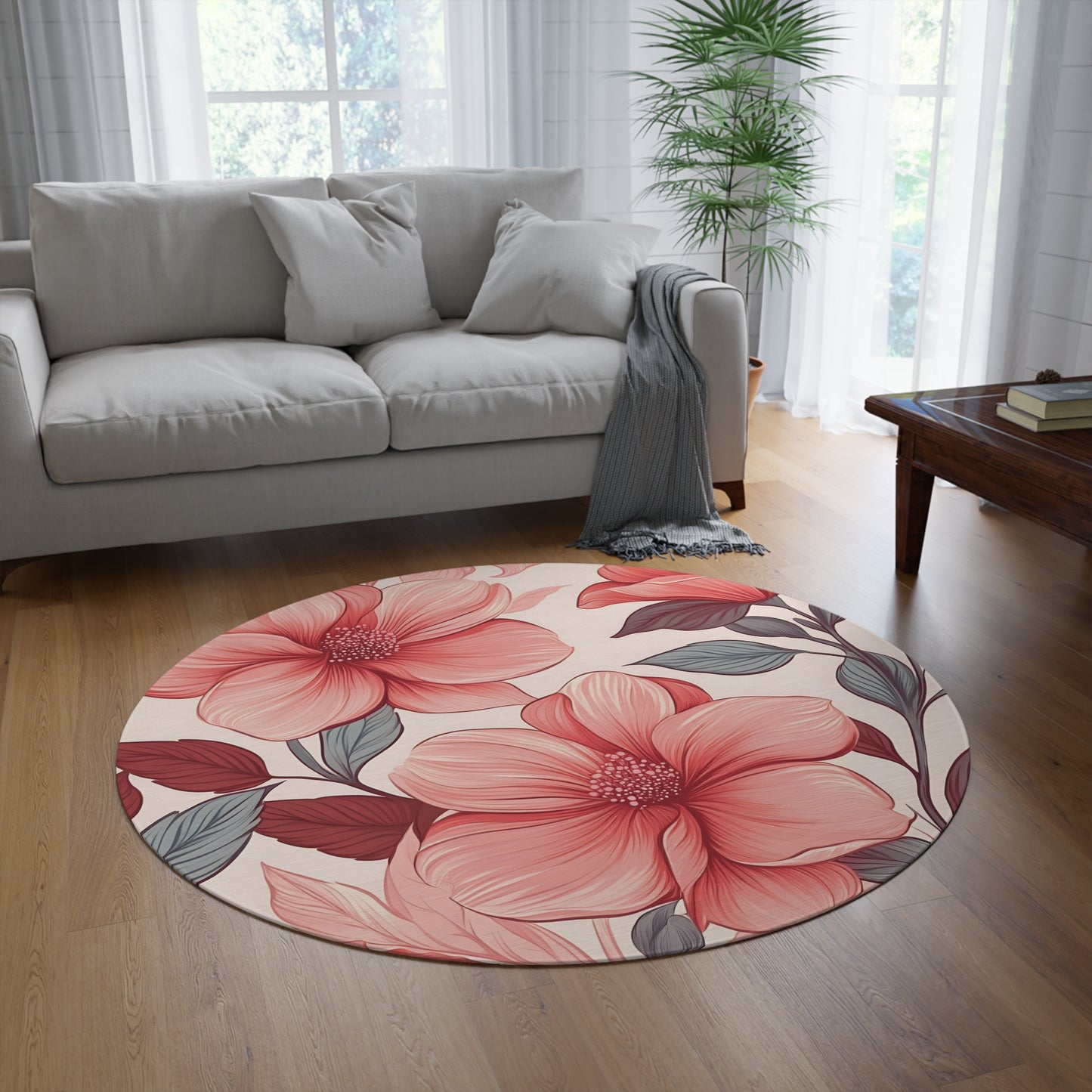 60" Round Floral Area Rug - Pink & Coral Chenille Boho Decor for Bedroom Living Room