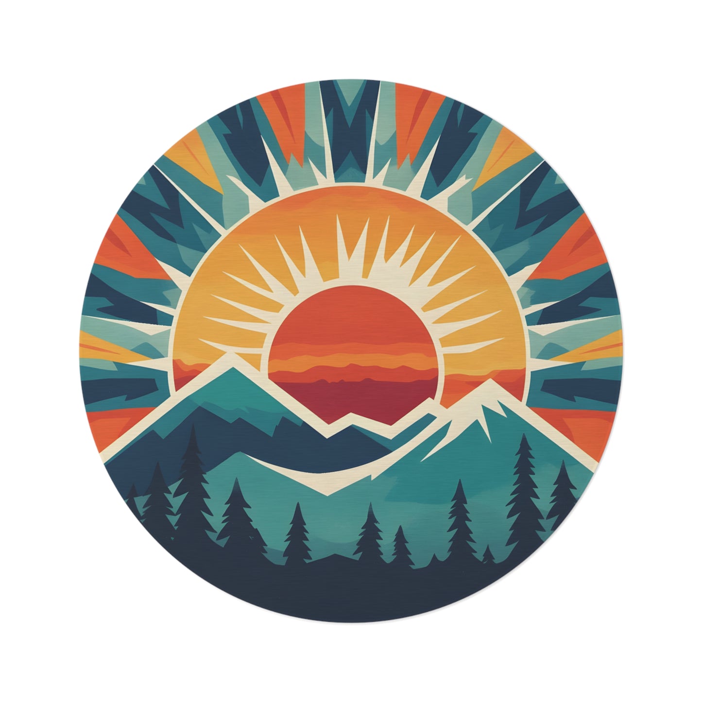 60" Round Mountain Rug, Vibrant Sunset Chenille Floor Mat, Modern Boho Nature Decor