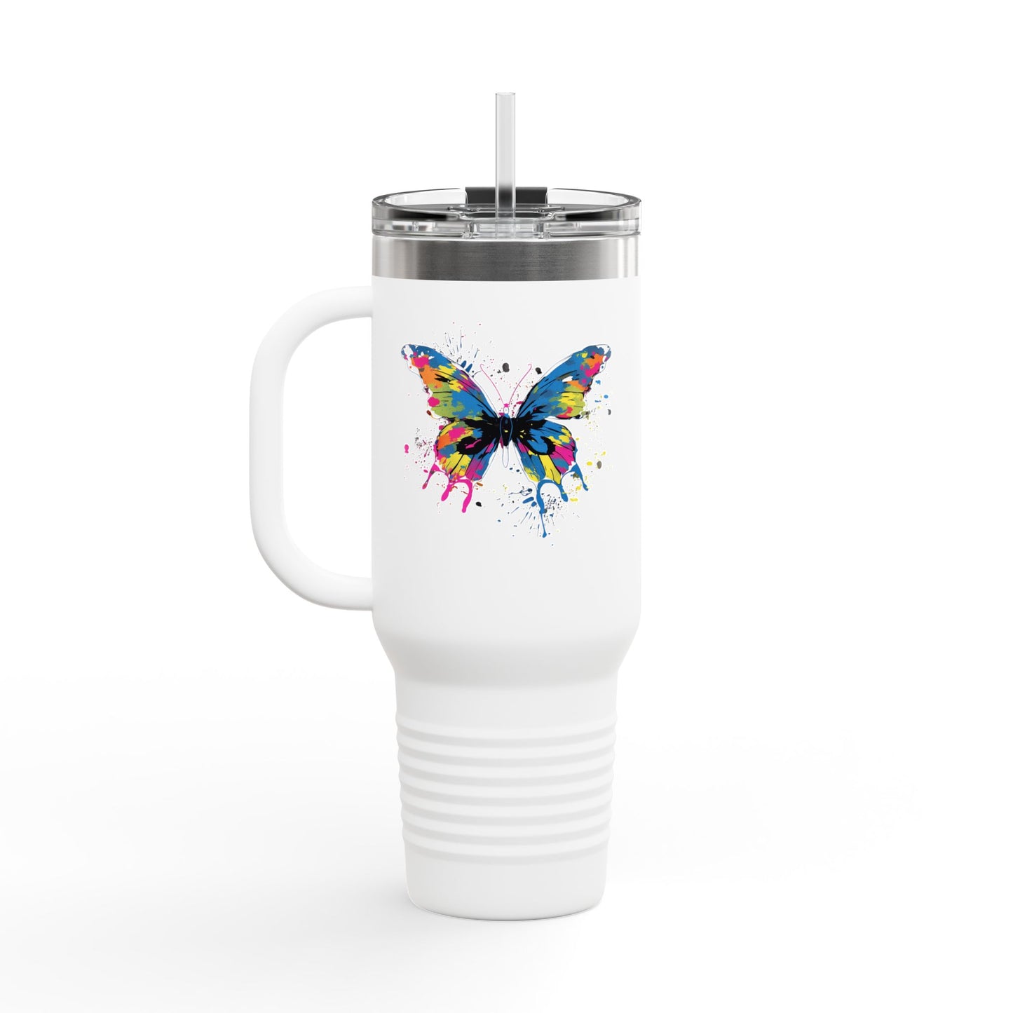 40 Oz Insulated Travel Mug with Butterfly Design - Stainless Steel, Spill-Proof Lid
