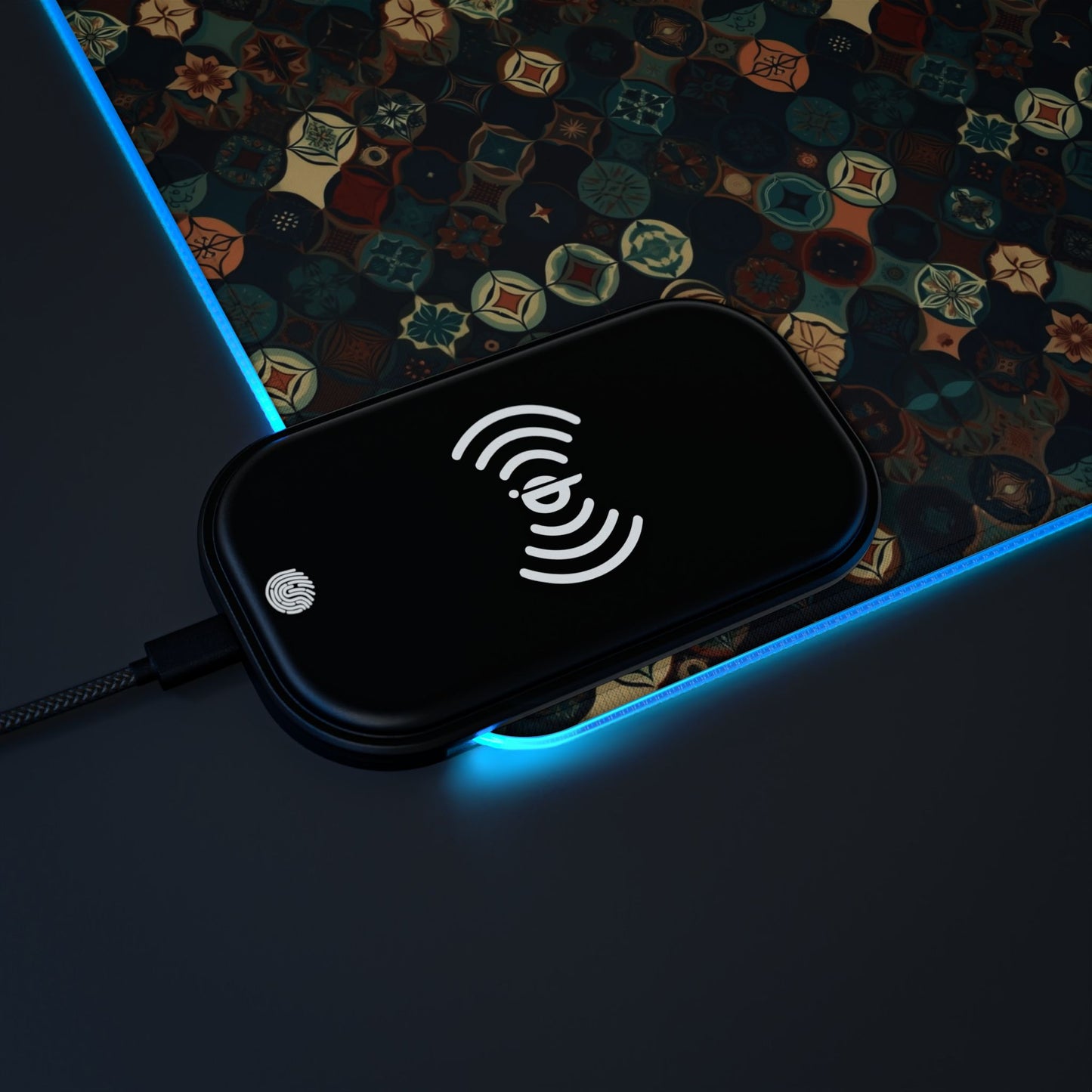 rgb gaming mouse pad with 15w qi charging – smooth xl desk mat, geometric teal gold design