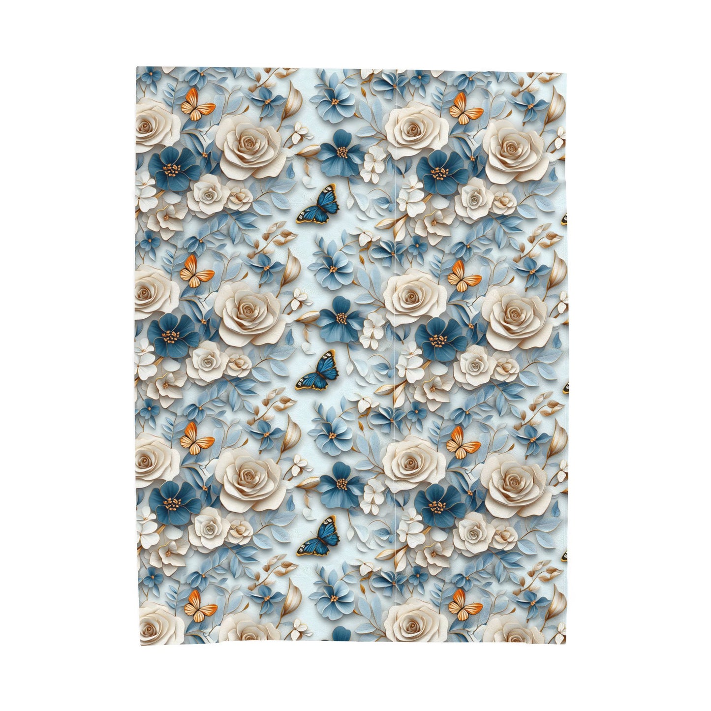 Velveteen plush throw blanket with floral & butterfly design, soft light blue cozy decor