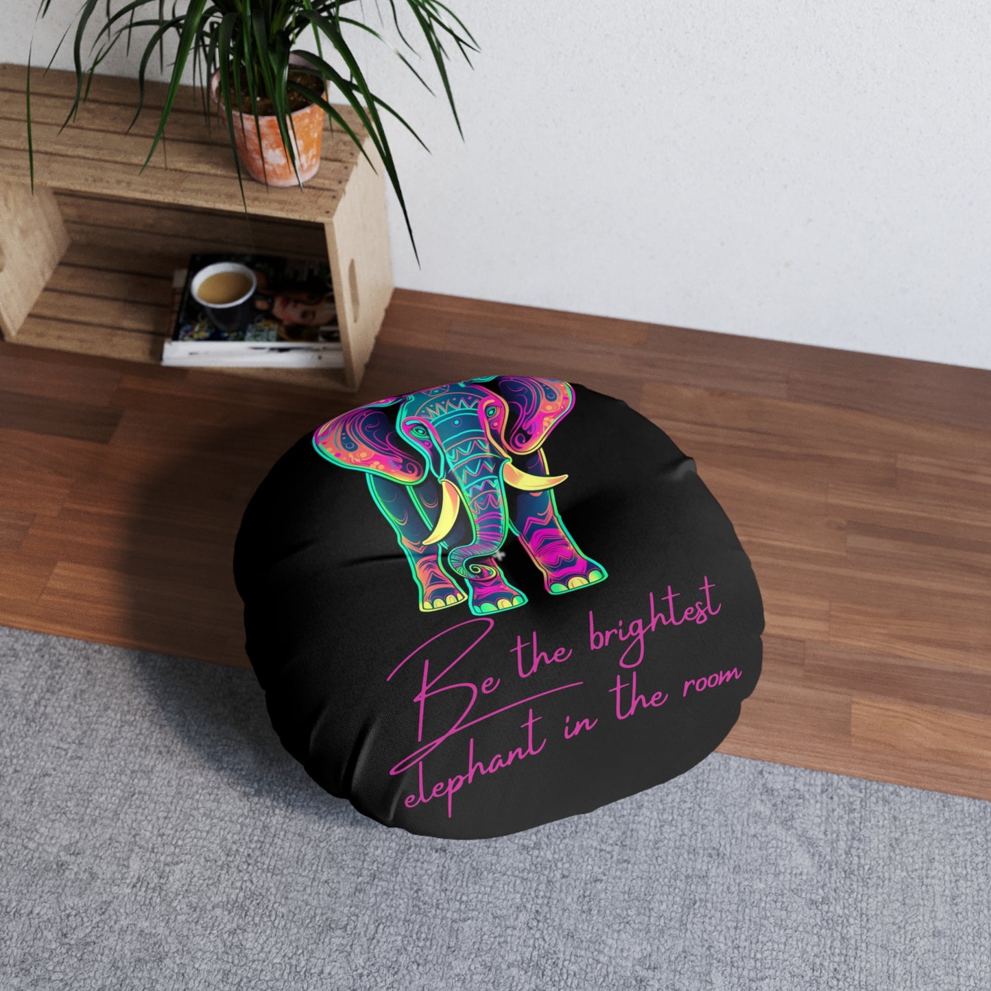 Boho Round Tufted Floor Pillow - Neon Elephant Decor, Black Pouf Cushion, Meditation
