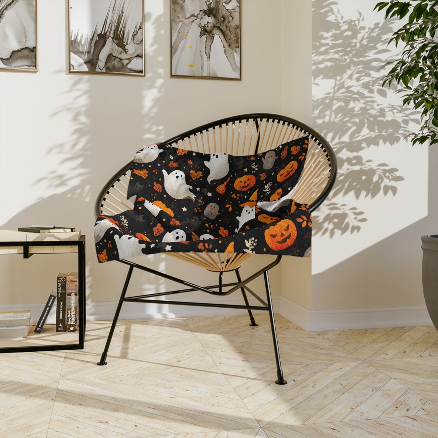 Cozy Halloween Throw Blanket - Velveteen Microfiber with Cute Ghosts & Pumpkins | Night-Sky Black