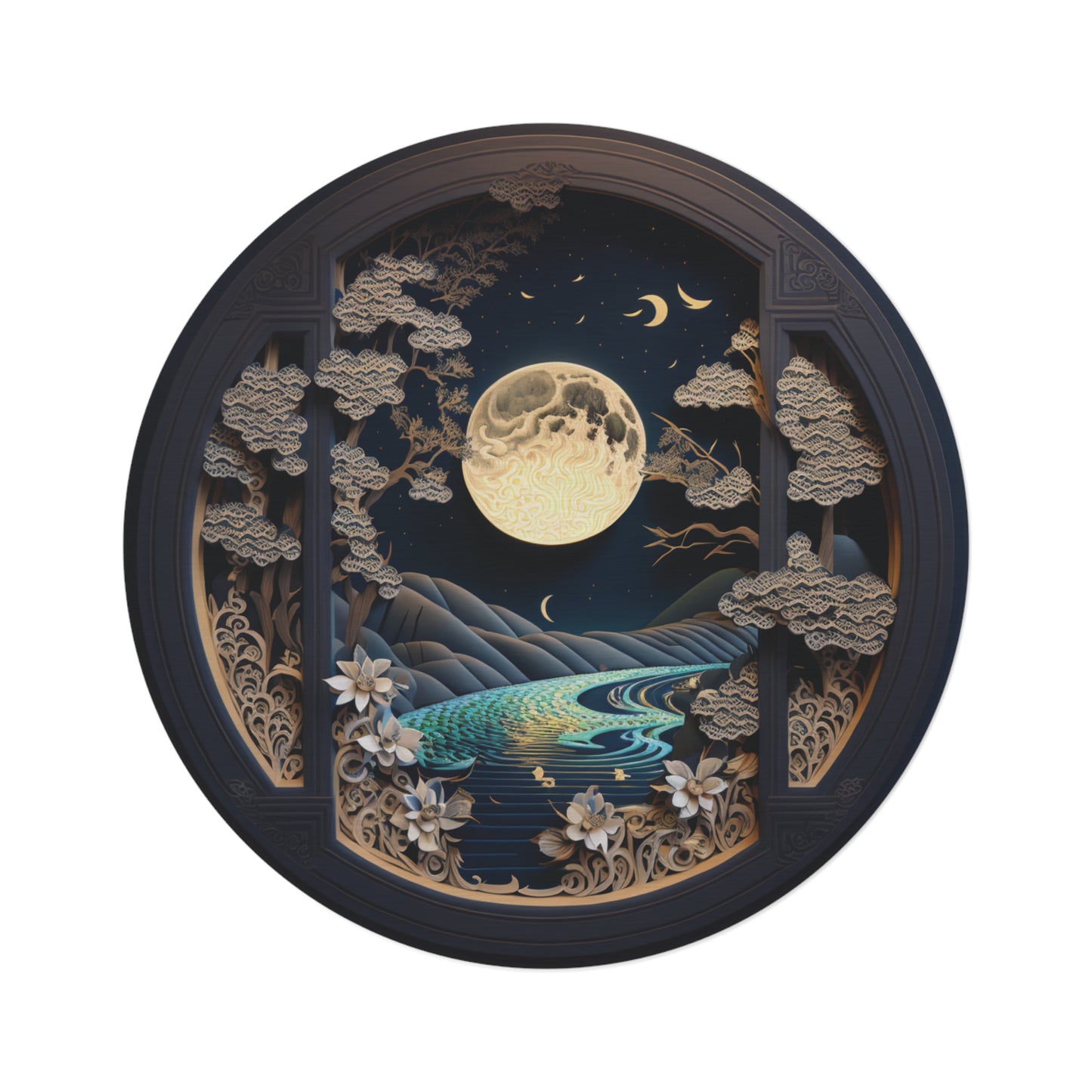 60 Inch Round Celestial Chenille Rug – Moonlit Area Rug with Non-Slip Backing