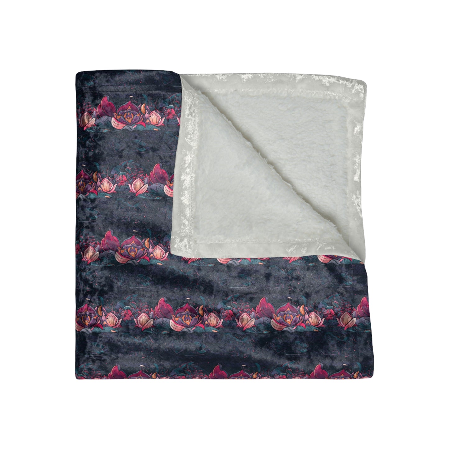 Pink Floral Stripe Crushed Velvet Blanket | Plush Throw, Dark Navy Rose Pattern