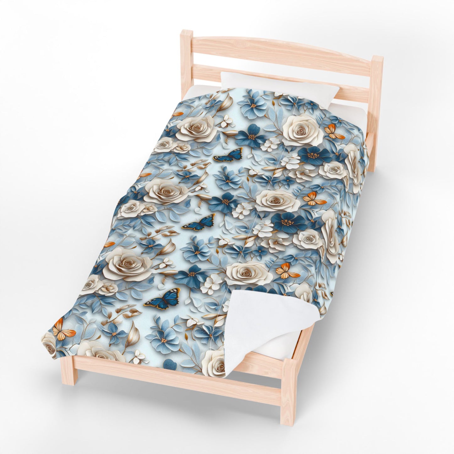 Velveteen plush throw blanket with floral & butterfly design, soft light blue cozy decor