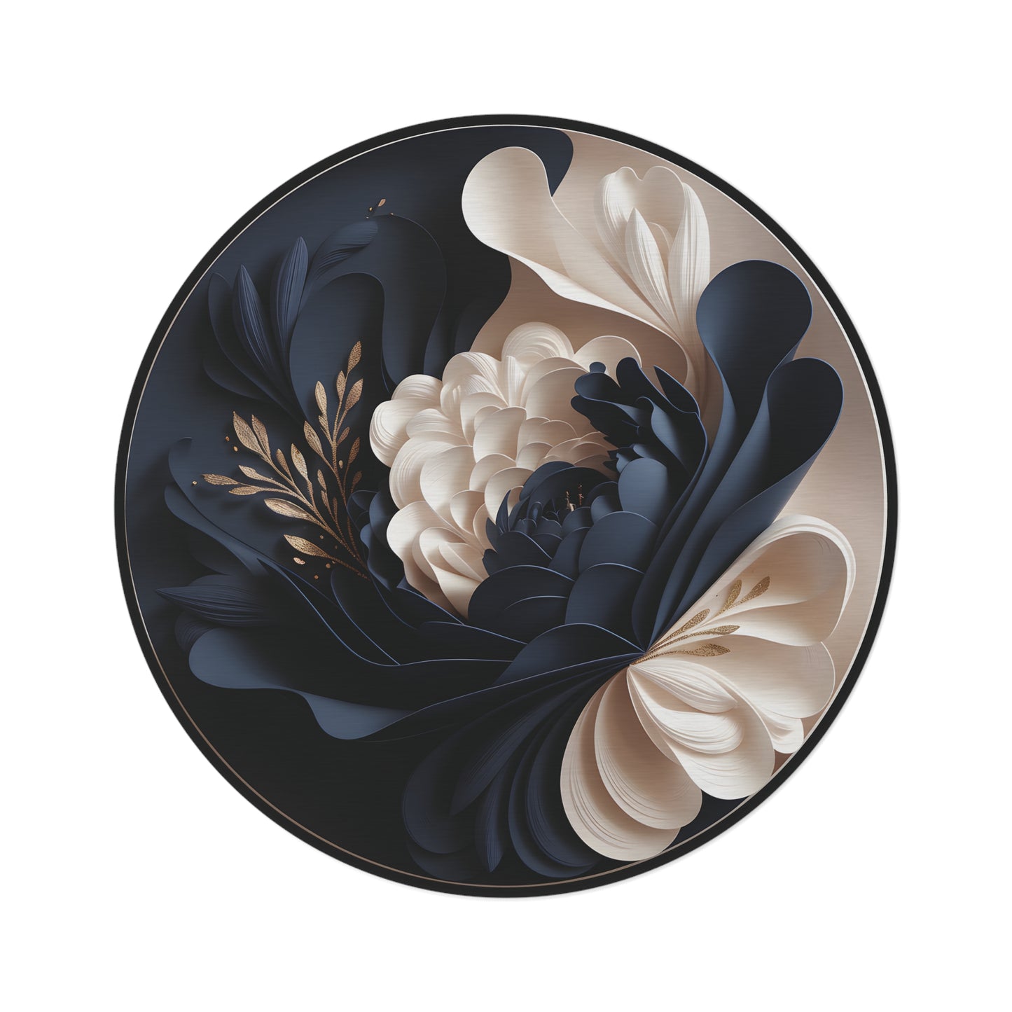 60" Round Floral Rug, Navy Blue & Gold Chenille, Modern Abstract 3D Art Area Rug