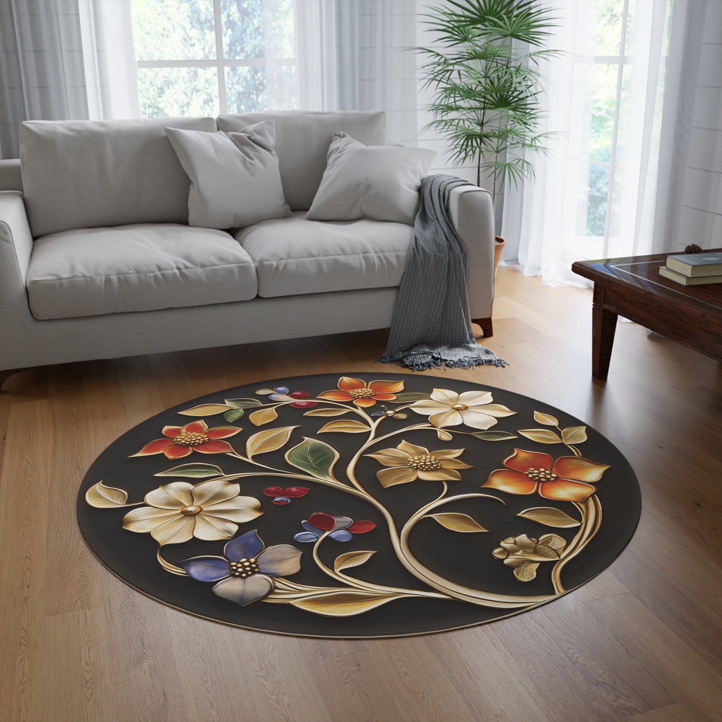 60" Round Dark Floral Chenille Rug - Ornate Black & Gold Botanical Centerpiece for Living Room