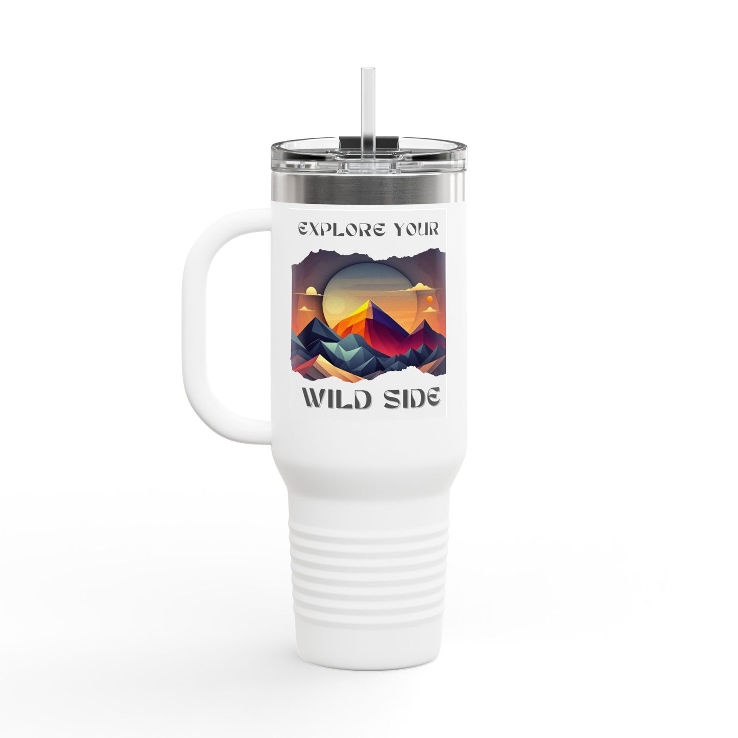 40oz Insulated Travel Mug with Handle, Stainless Steel Mountain Tumbler + Straw - leak-proof lid