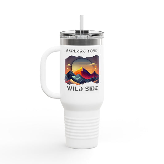 40oz Insulated Travel Mug with Handle, Stainless Steel Mountain Tumbler + Straw - leak-proof lid