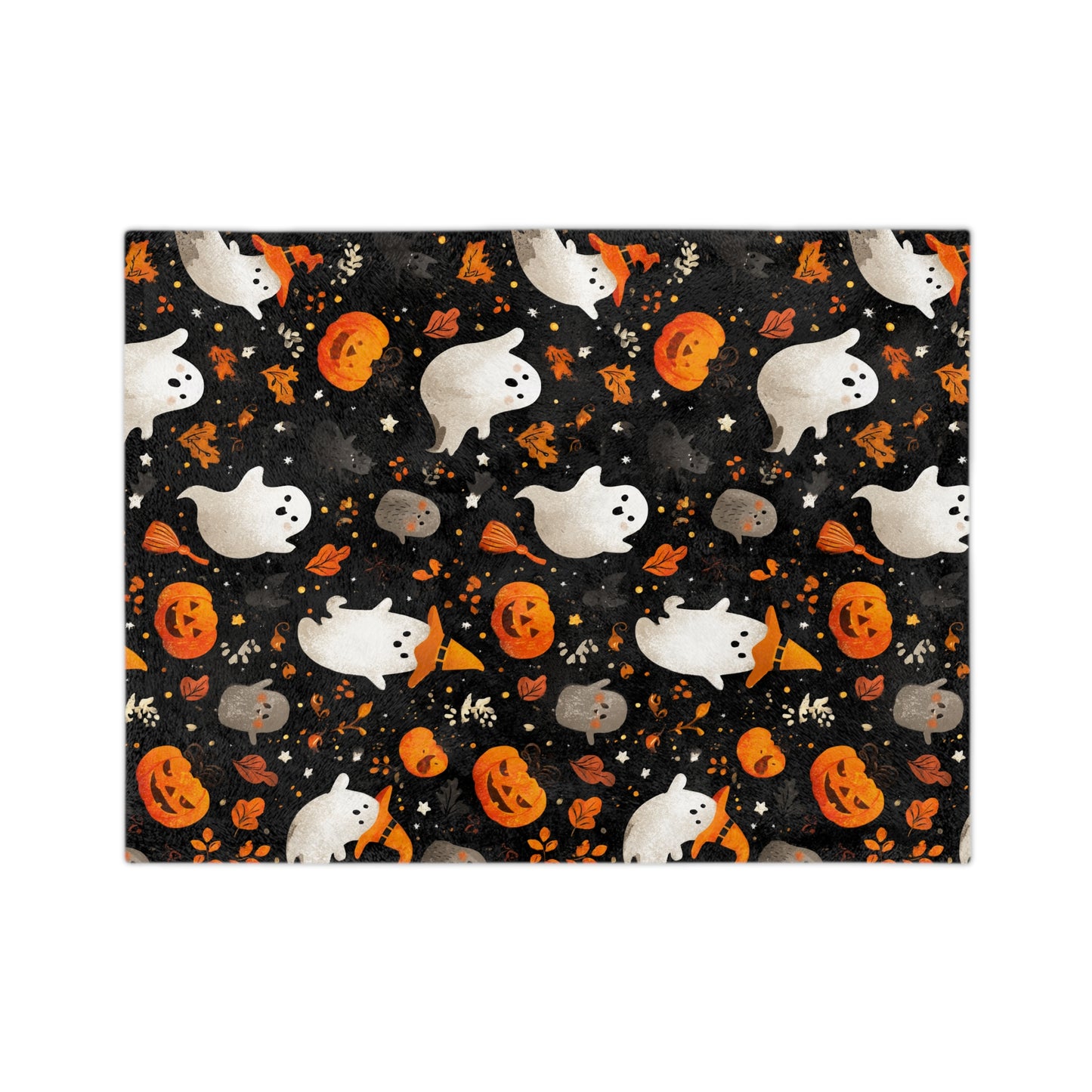 Cozy Halloween Throw Blanket - Velveteen Microfiber with Cute Ghosts & Pumpkins | Night-Sky Black